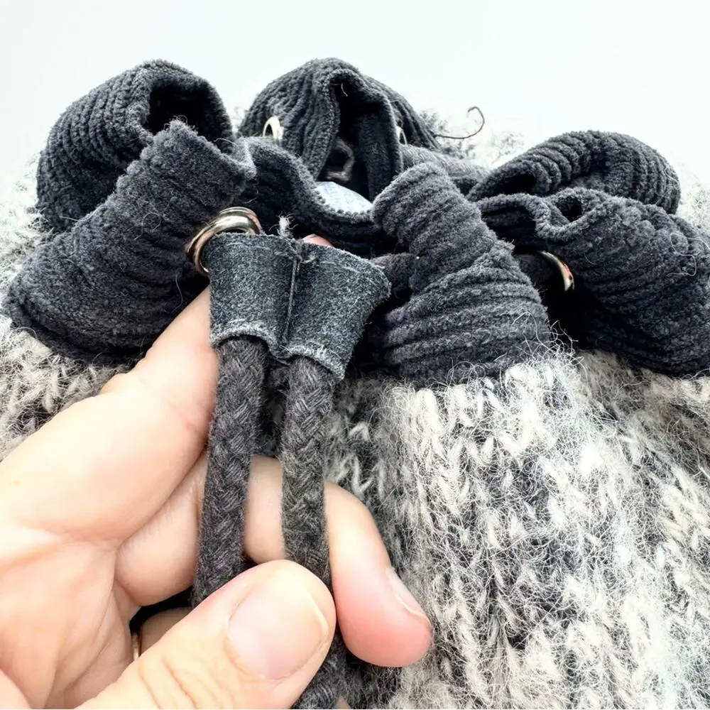 Y2K Artsy Boho‎ Hippie Knit Wool Drawstring Backpack Bag Grey/Black - Medium